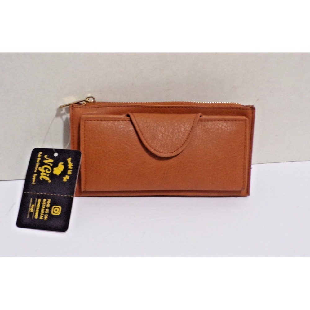 NGil Lt. Brown Faux Leather Women's Wristlet Sleek Wallet Gold Tone Trim & Zip